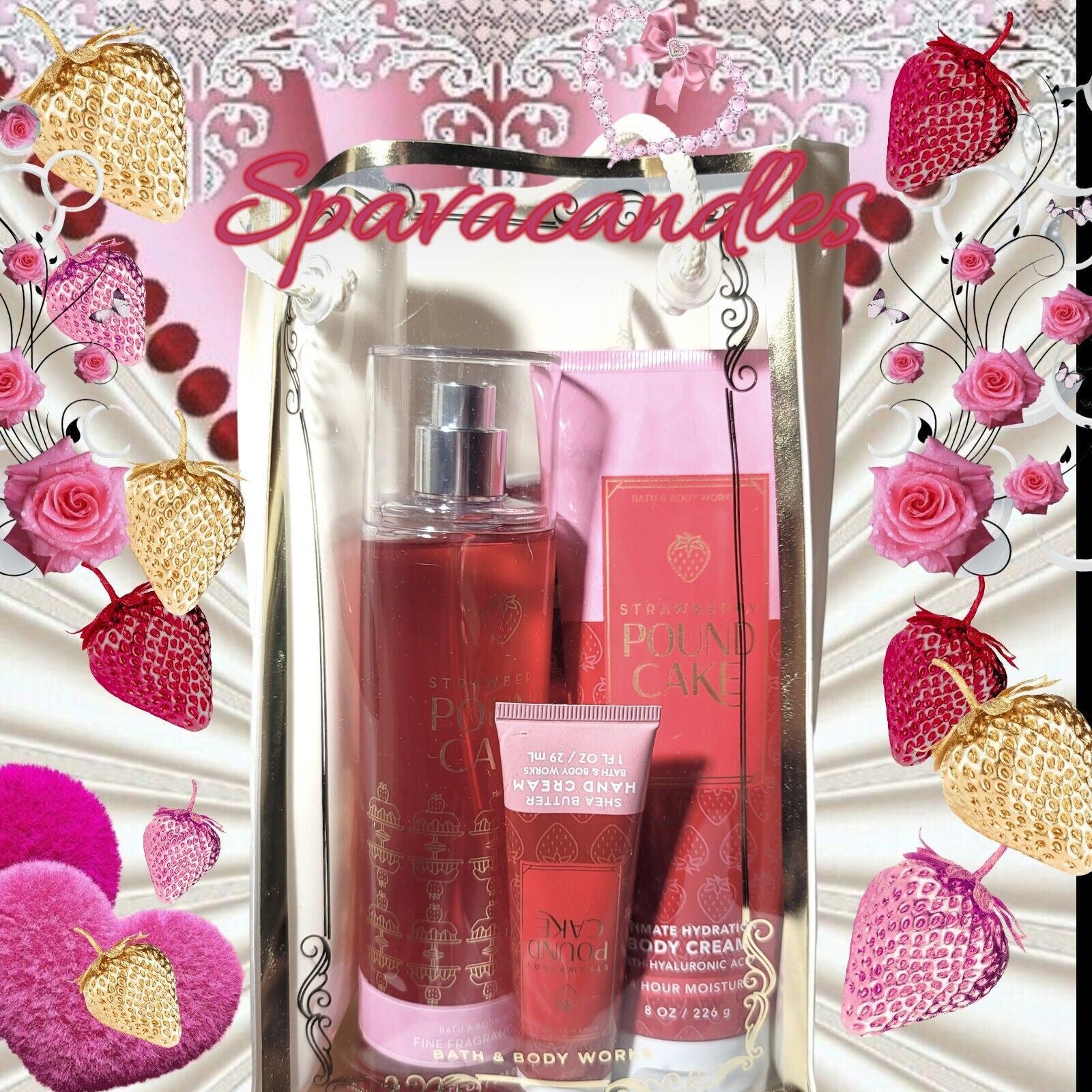 Bath and Body Works Strawberry Pound Cake Body Cream Shower Gel Whipped  Bath Foam Gift Set